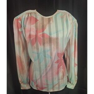 Vtg 80s Tess abstract pastel floral sheer fitted top big puff long sleeves sz 10